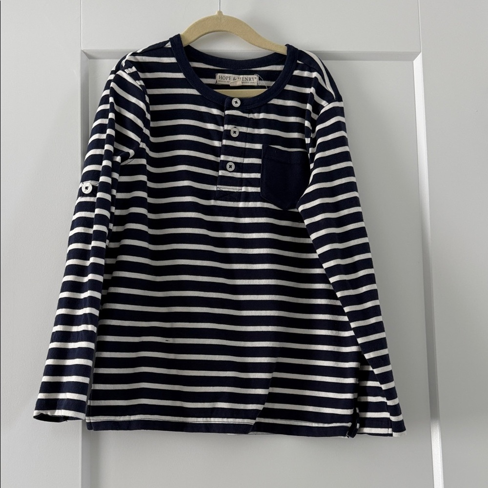 Navy & White Striped Long-Sleeve Tee with Pocket - Kids